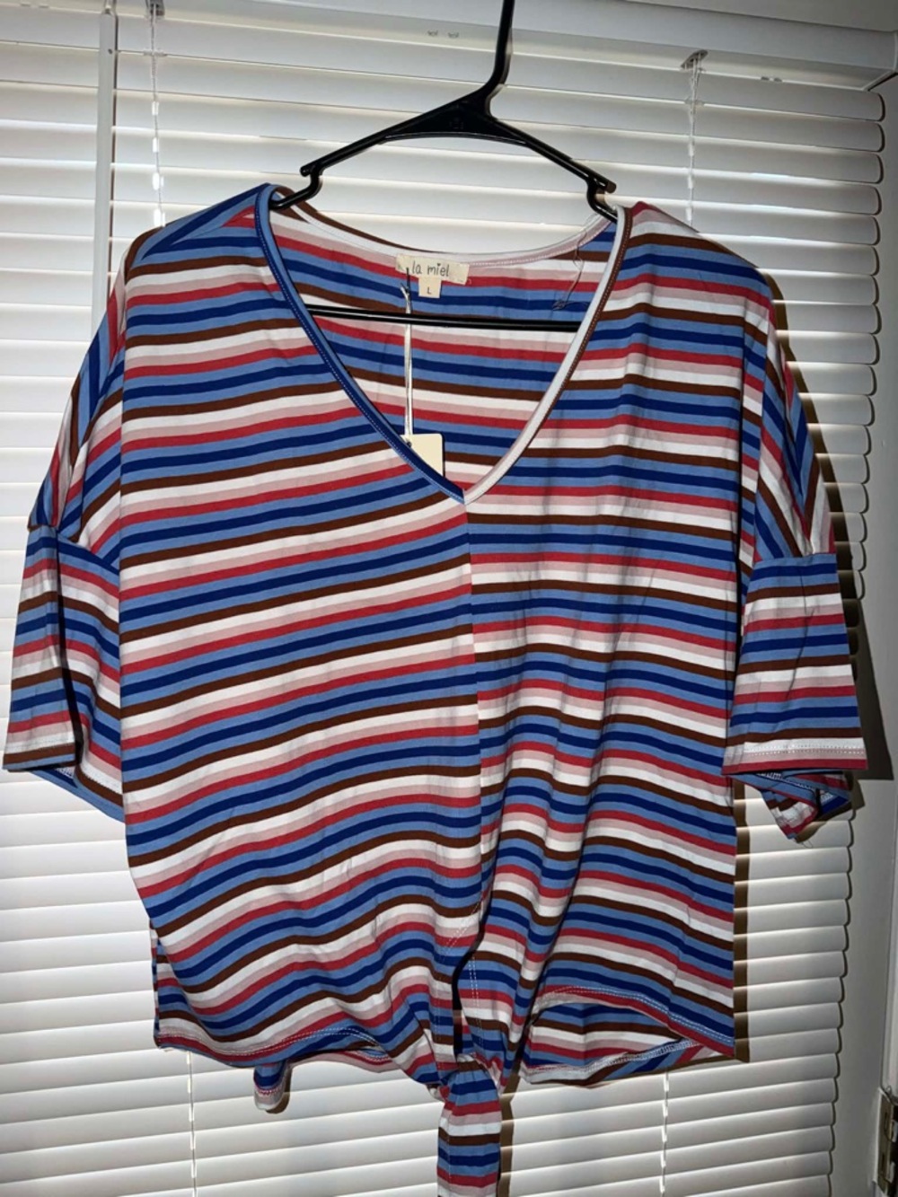 LA MIEL Blue, Red, White & Brown Striped V-Neck Tie-Front Tunic
